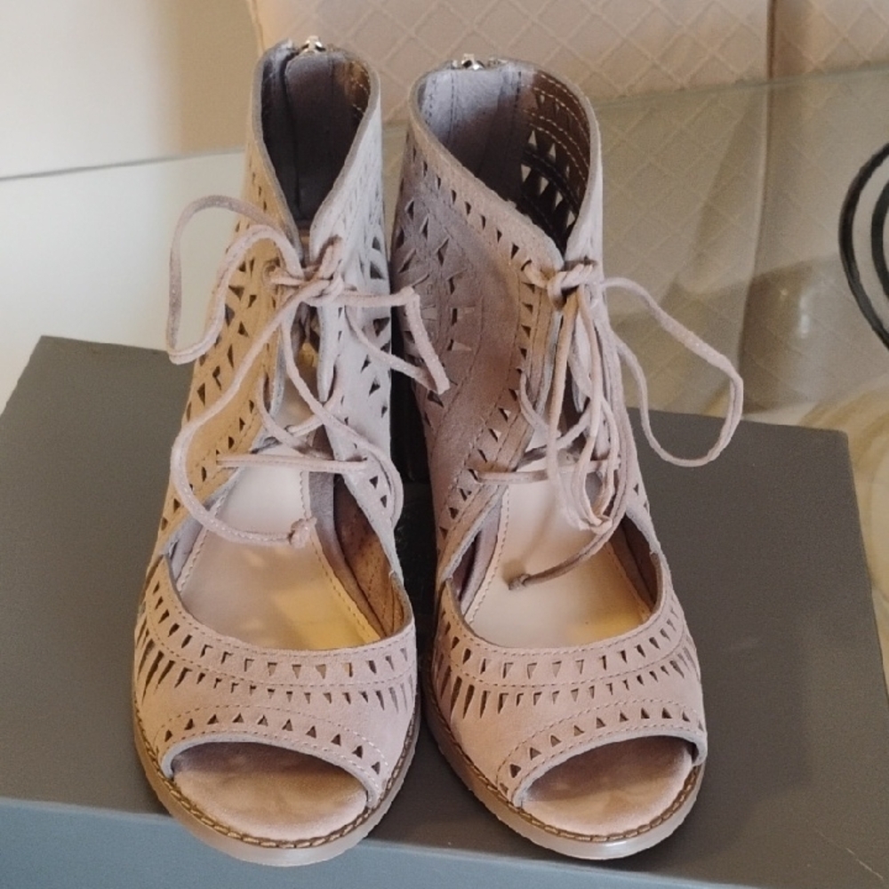 Vince Camuto Suede Lace-Up Peep Toe Boots - Light Tan